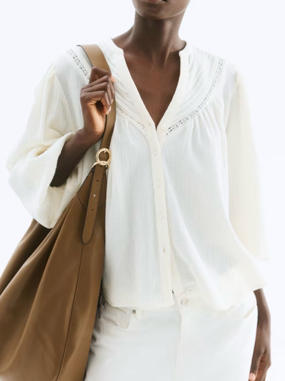 GREAT CONDITION - H&M CREAM CRINKLED LINEN-BLEND BOHO BLOUSE